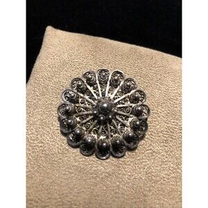 Vintage Oxidized Silver 925 Filigree Blooming Flower Dotted Round Pin Brooch